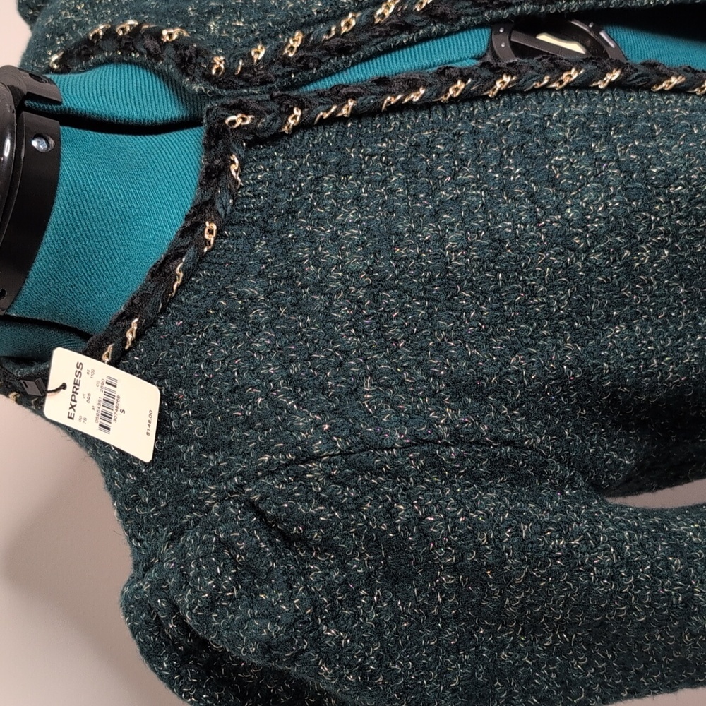 Express Emerald Green Metallic Lurex Chain Trim Tweed Women's Blazer Size S, NWT - Picture 3 of 8